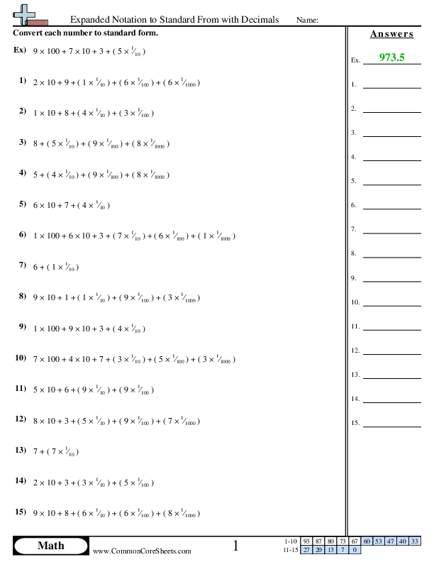 Expanded Notation to Numeric with Decimals worksheet